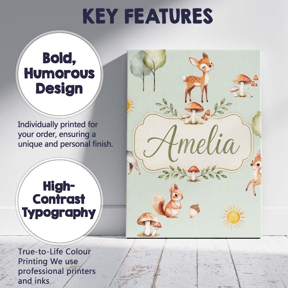 Personalised Name Woodland Deer Fox Squirrel Custom Bespoke  Contemporary Display Canvas Wall Art Print Decor Picture Ready to Hang