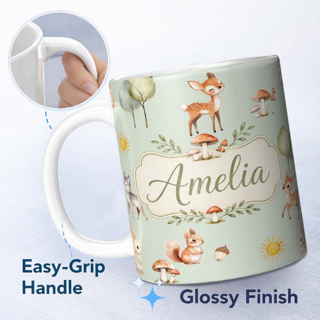 Personalized Custom Name Woodland Deer Fox Squirrel Mushroom Forest Seamless Pattern Sage 11oz Ceramic Coffee Tea Mug White Large Handle