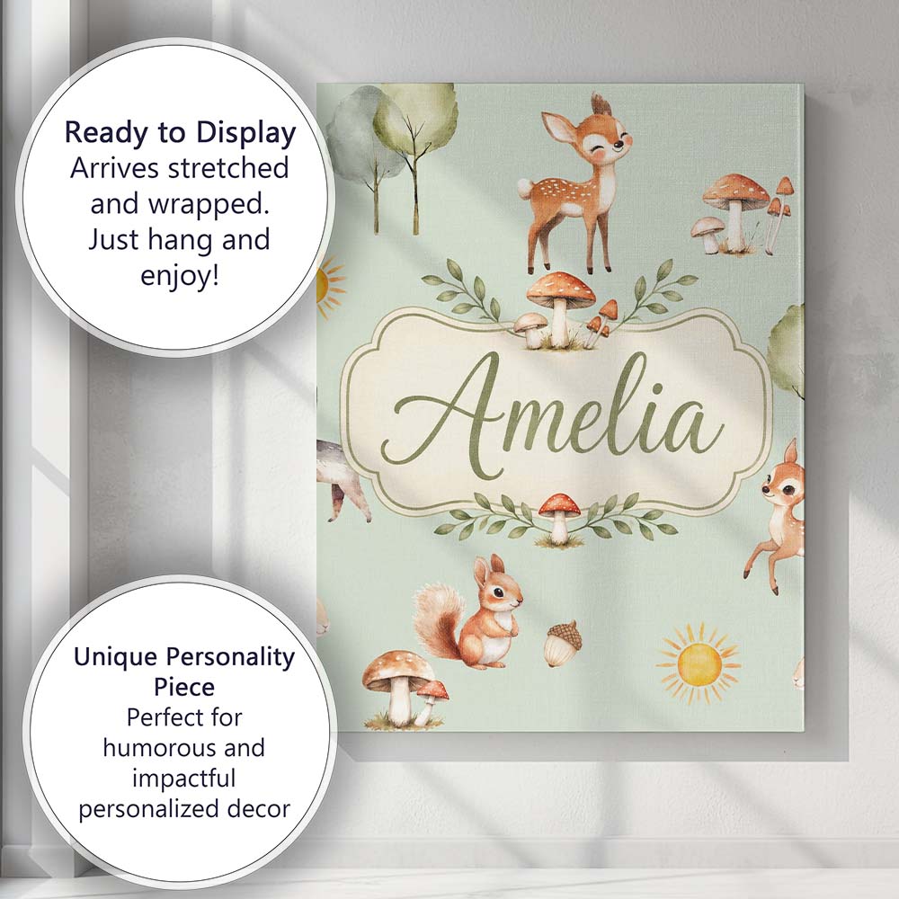 Personalised Name Woodland Deer Fox Squirrel Custom Bespoke  Contemporary Display Canvas Wall Art Print Decor Picture Ready to Hang
