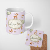 Personalized Custom Name Woodland Deer Fox Squirrel Mushroom Forest Seamless Pattern 11oz Ceramic Coffee Tea Mug White Large Handle