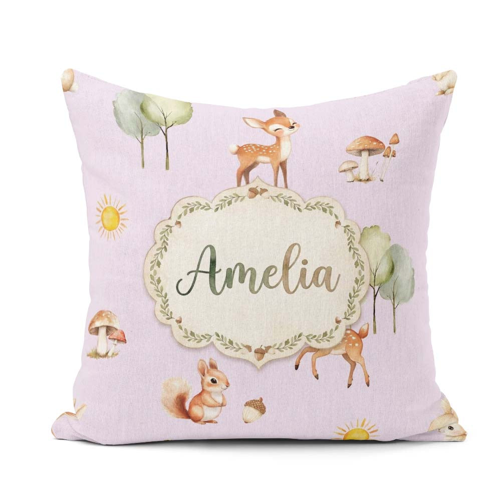 Custom Name Woodland Deer Fox Squirrel Mushroom Seamless Pattern Square Filled Cushion Throw Pillow Sofa Bed Home Decor Zip Washable UK Made
