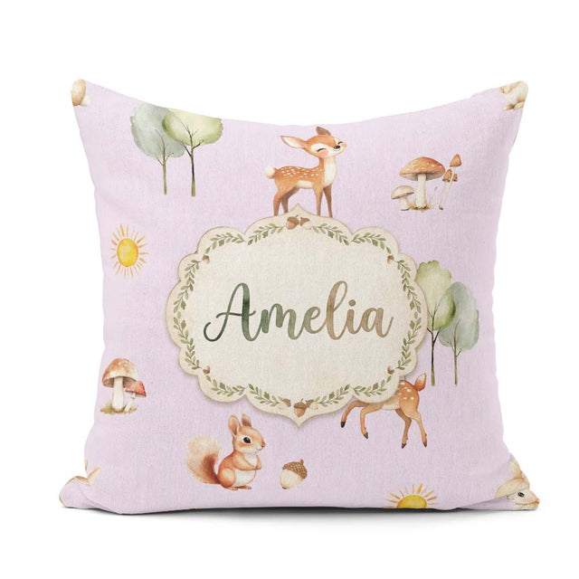 Custom Name Woodland Deer Fox Squirrel Mushroom Seamless Pattern Square Filled Cushion Throw Pillow Sofa Bed Home Decor Zip Washable UK Made