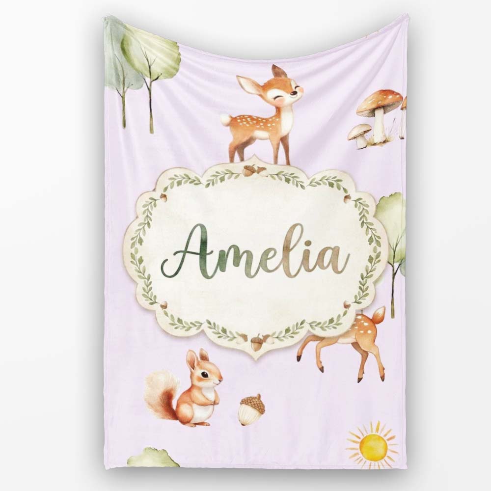 Woodland Deer Fox Squirrel Mushroom Forest Seamless Pattern  Personalised Custom Name Super Soft Fleece Blanket Bed Sofa Throw