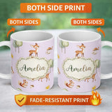 Personalized Custom Name Woodland Deer Fox Squirrel Mushroom Forest Seamless Pattern 11oz Ceramic Coffee Tea Mug White Large Handle