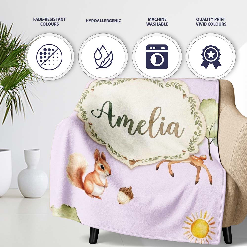 Woodland Deer Fox Squirrel Mushroom Forest Seamless Pattern  Personalised Custom Name Super Soft Fleece Blanket Bed Sofa Throw