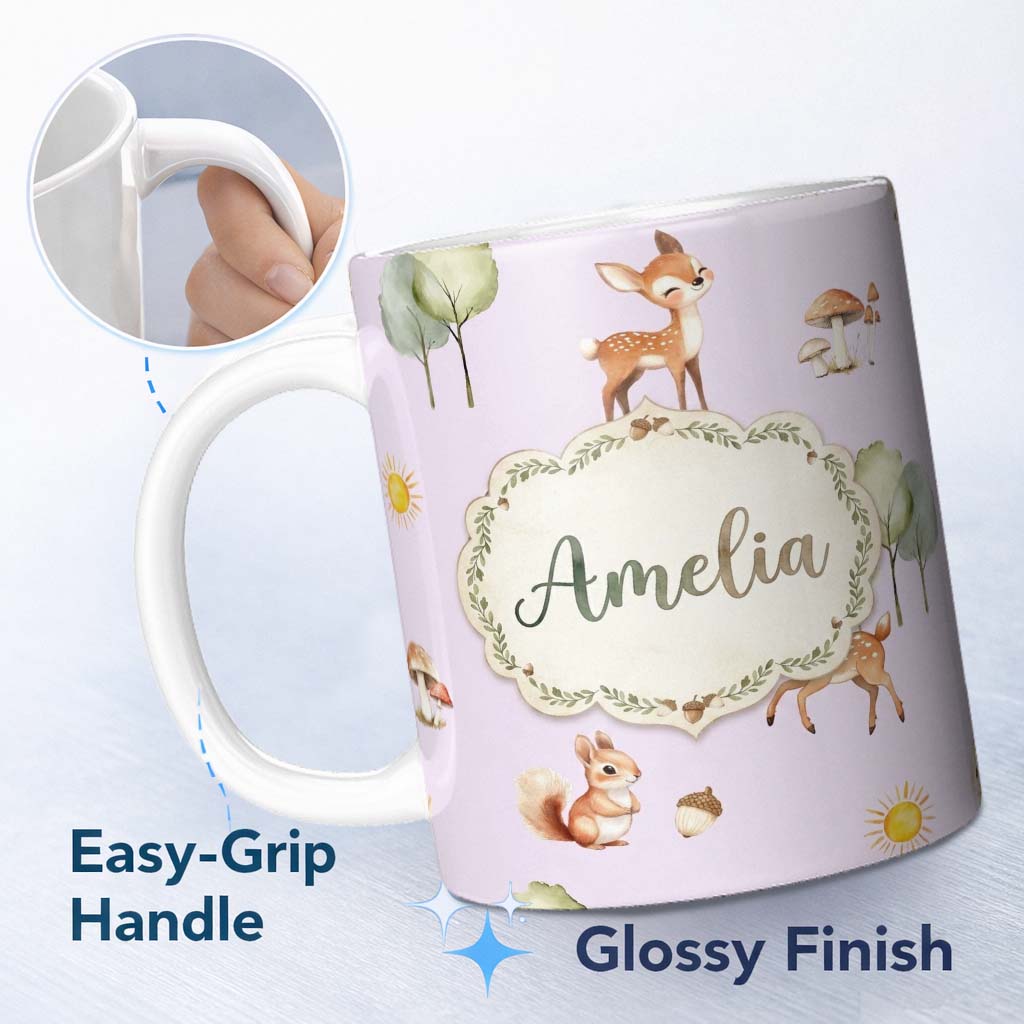 Personalized Custom Name Woodland Deer Fox Squirrel Mushroom Forest Seamless Pattern 11oz Ceramic Coffee Tea Mug White Large Handle