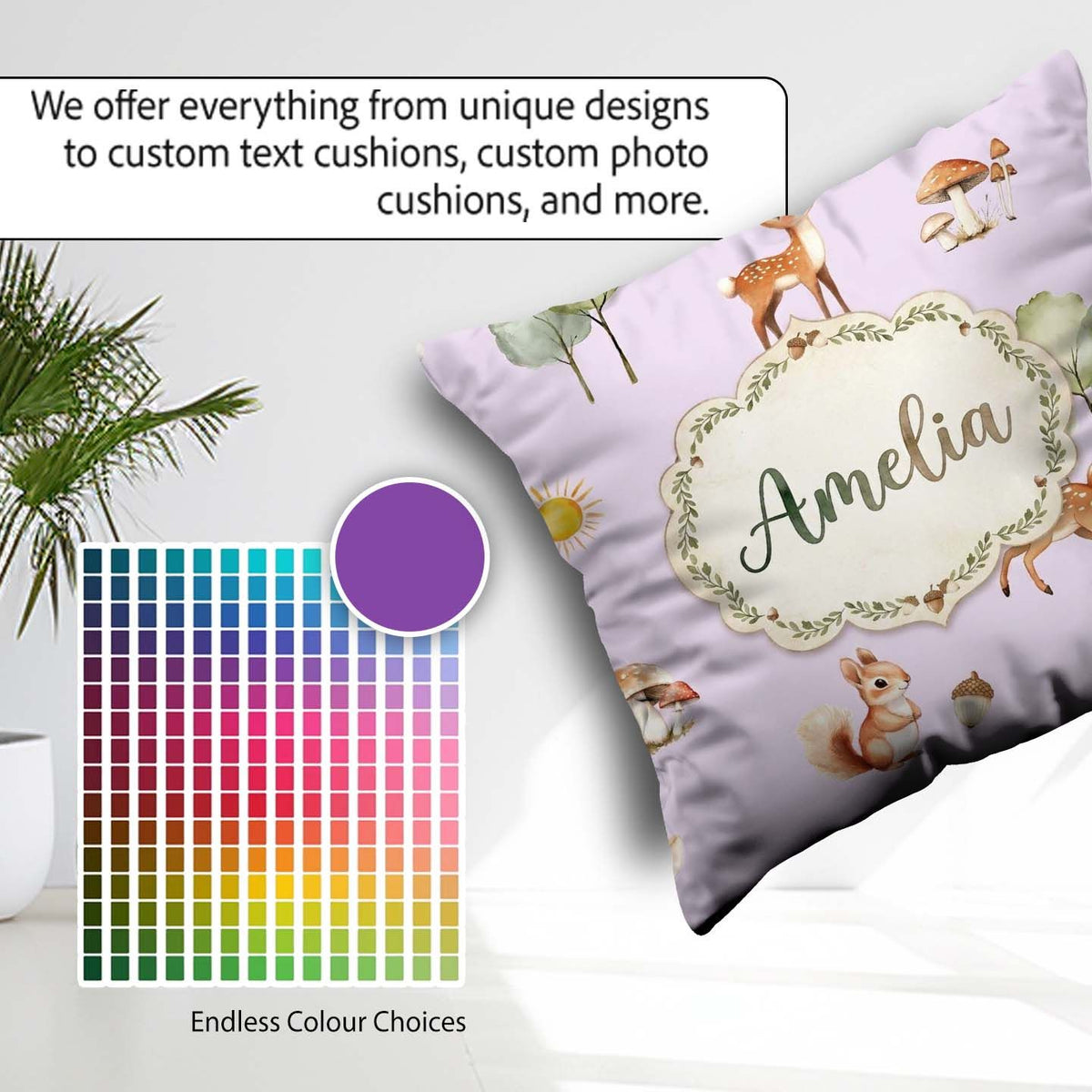 Custom Name Woodland Deer Fox Squirrel Mushroom Seamless Pattern Square Filled Cushion Throw Pillow Sofa Bed Home Decor Zip Washable UK Made