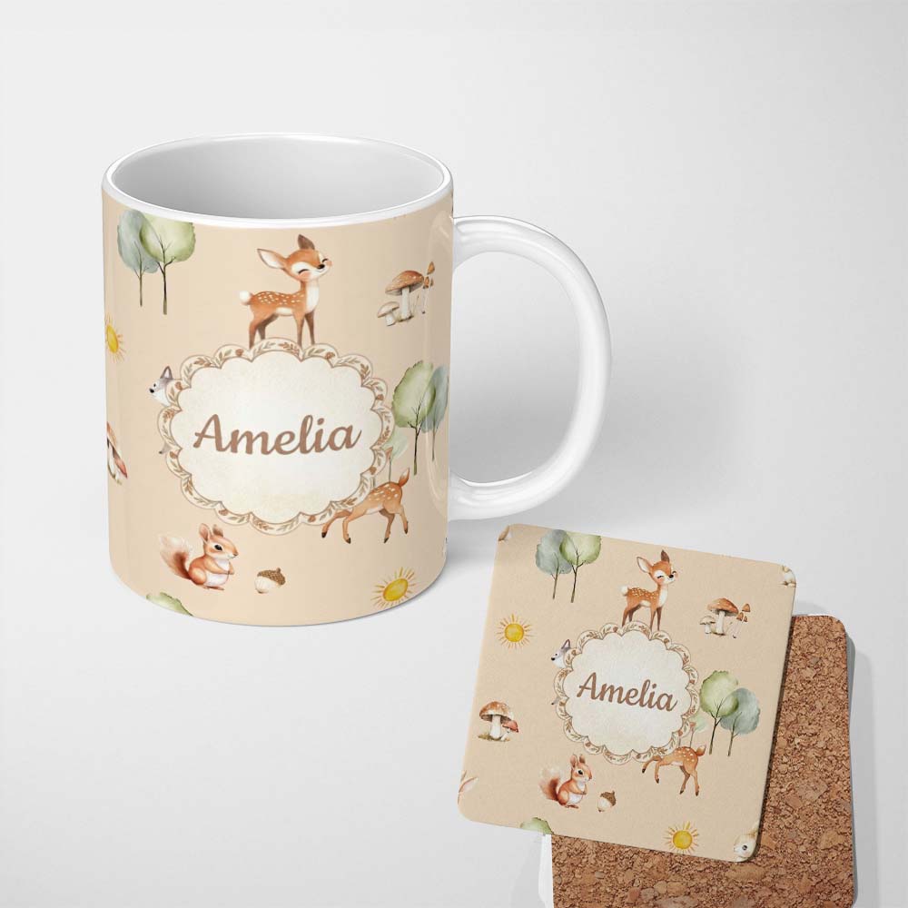 Personalized Custom Name Woodland Deer Fox Squirrel Mushroom Forest Seamless Pattern Beige 11oz Ceramic Coffee Tea Mug White Large Handle