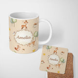 Personalized Custom Name Woodland Deer Fox Squirrel Mushroom Forest Seamless Pattern Beige 11oz Ceramic Coffee Tea Mug White Large Handle