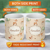 Personalized Custom Name Woodland Deer Fox Squirrel Mushroom Forest Seamless Pattern Beige 11oz Ceramic Coffee Tea Mug White Large Handle