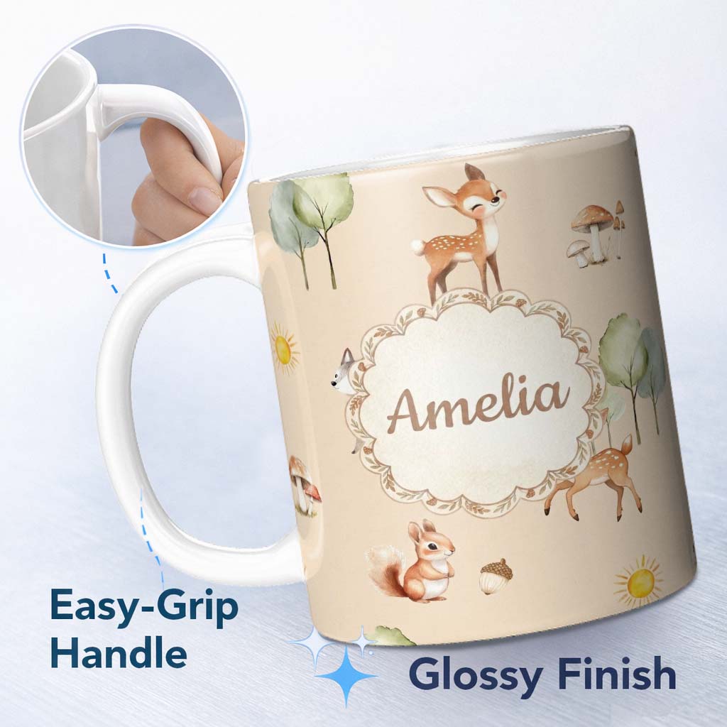 Personalized Custom Name Woodland Deer Fox Squirrel Mushroom Forest Seamless Pattern Beige 11oz Ceramic Coffee Tea Mug White Large Handle