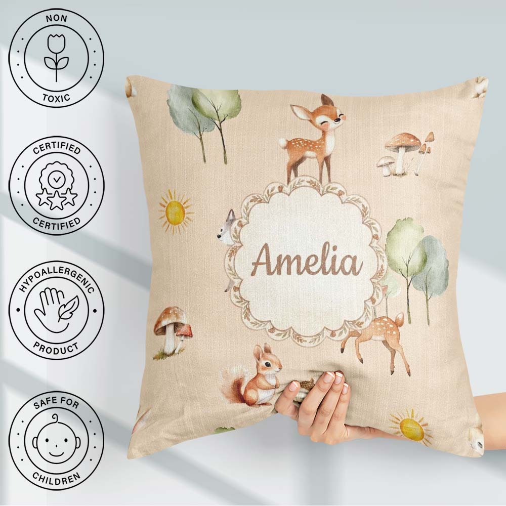 Custom Name Woodland Deer Fox Squirrel Mushroom Seamless Pattern Square Filled Cushion Throw Pillow Sofa Bed Home Decor Zip Washable UK Made