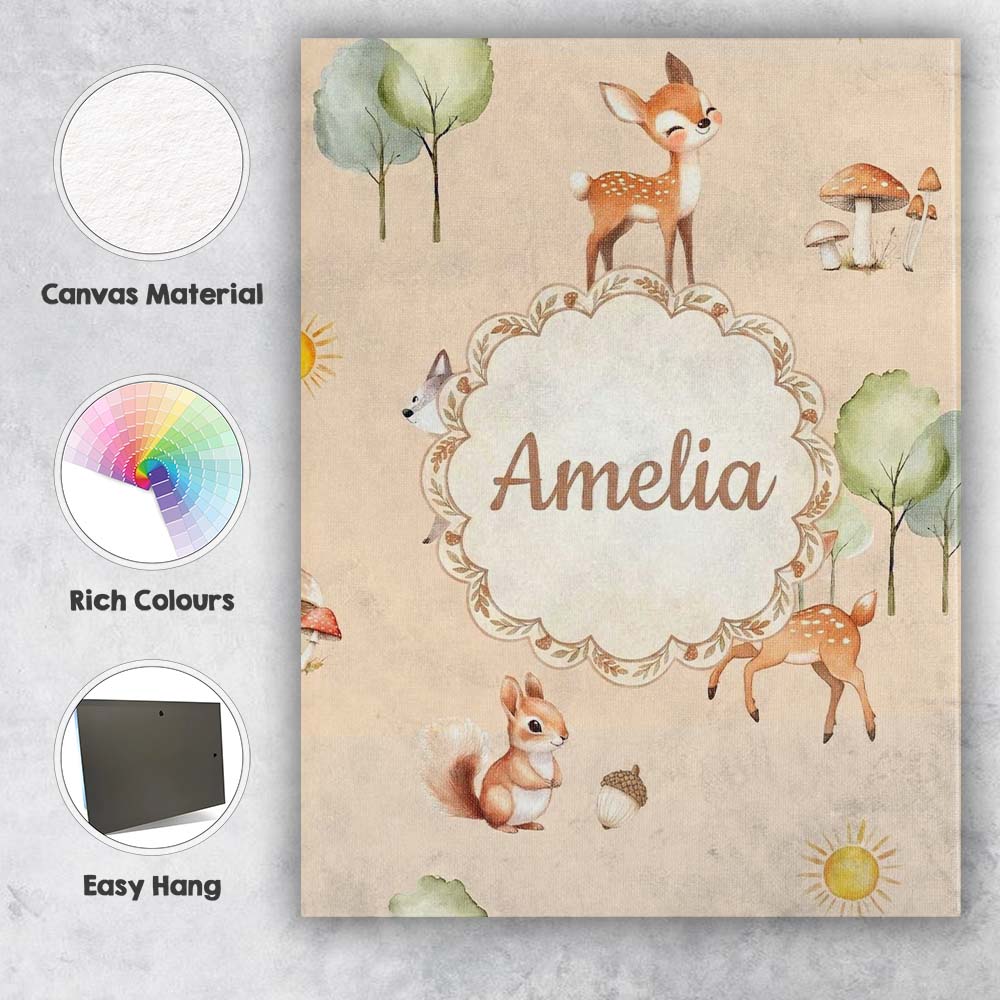 Personalised Name Woodland Deer Fox Squirrel Custom Bespoke  Contemporary Display Canvas Wall Art Print Decor Picture Ready to Hang