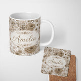 Personalized Custom Name Elegant Vintage Floral Roses Peonies Daisy Seamless Pattern Neutral 11oz Ceramic Coffee Tea Mug White Large Handle