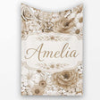 Elegant Vintage Floral Roses Peonies Daisy Seamless Pattern Neutral  Personalised Custom Name Super Soft Fleece Blanket Bed Sofa Throw
