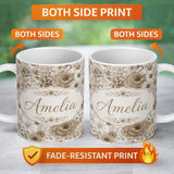 Personalized Custom Name Elegant Vintage Floral Roses Peonies Daisy Seamless Pattern Neutral 11oz Ceramic Coffee Tea Mug White Large Handle