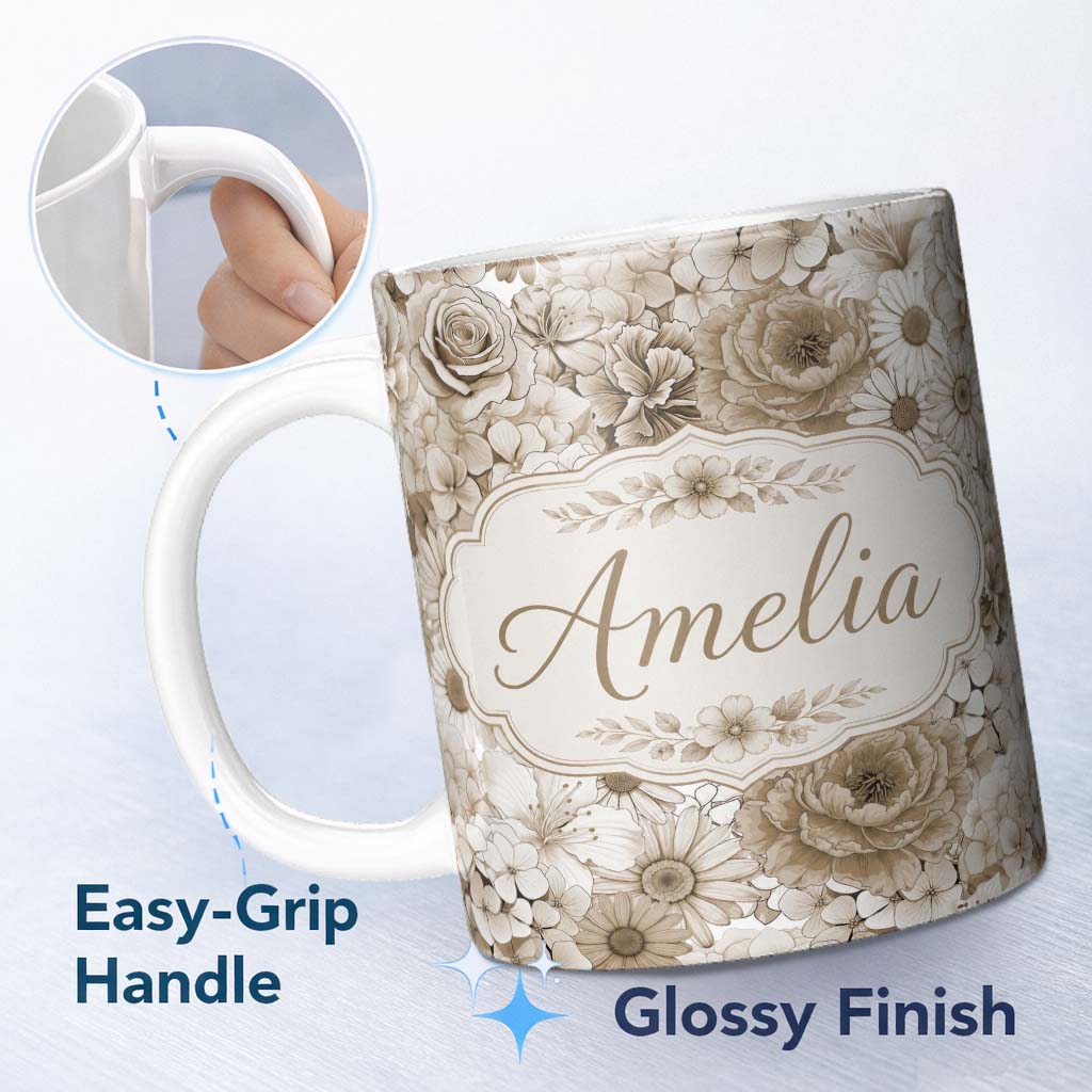 Personalized Custom Name Elegant Vintage Floral Roses Peonies Daisy Seamless Pattern Neutral 11oz Ceramic Coffee Tea Mug White Large Handle
