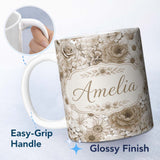 Personalized Custom Name Elegant Vintage Floral Roses Peonies Daisy Seamless Pattern Neutral 11oz Ceramic Coffee Tea Mug White Large Handle