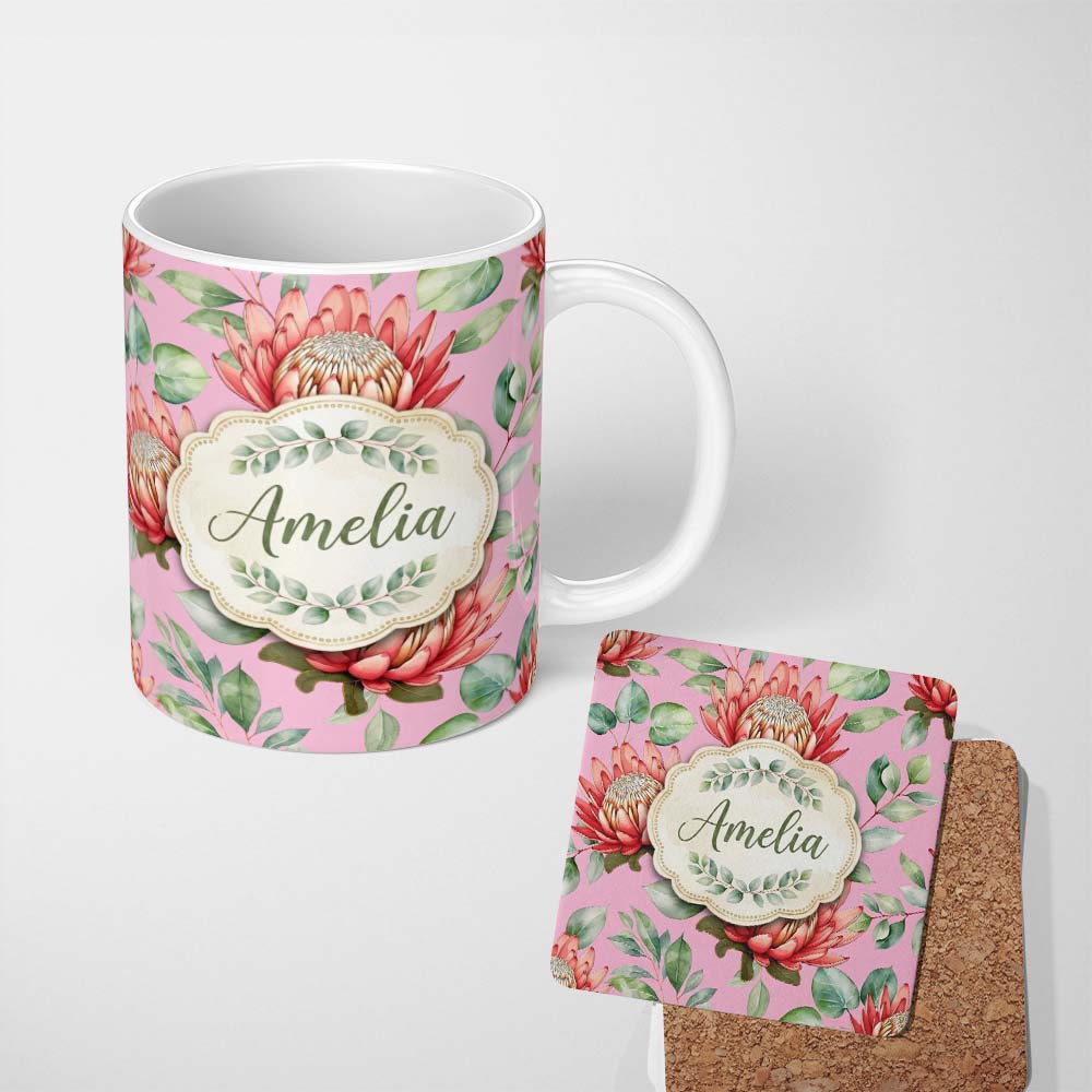 Personalized Custom Name Tropical Protea Flowers Green Leaves Seamless Pattern Pink 11oz Ceramic Coffee Tea Mug White Large Handle
