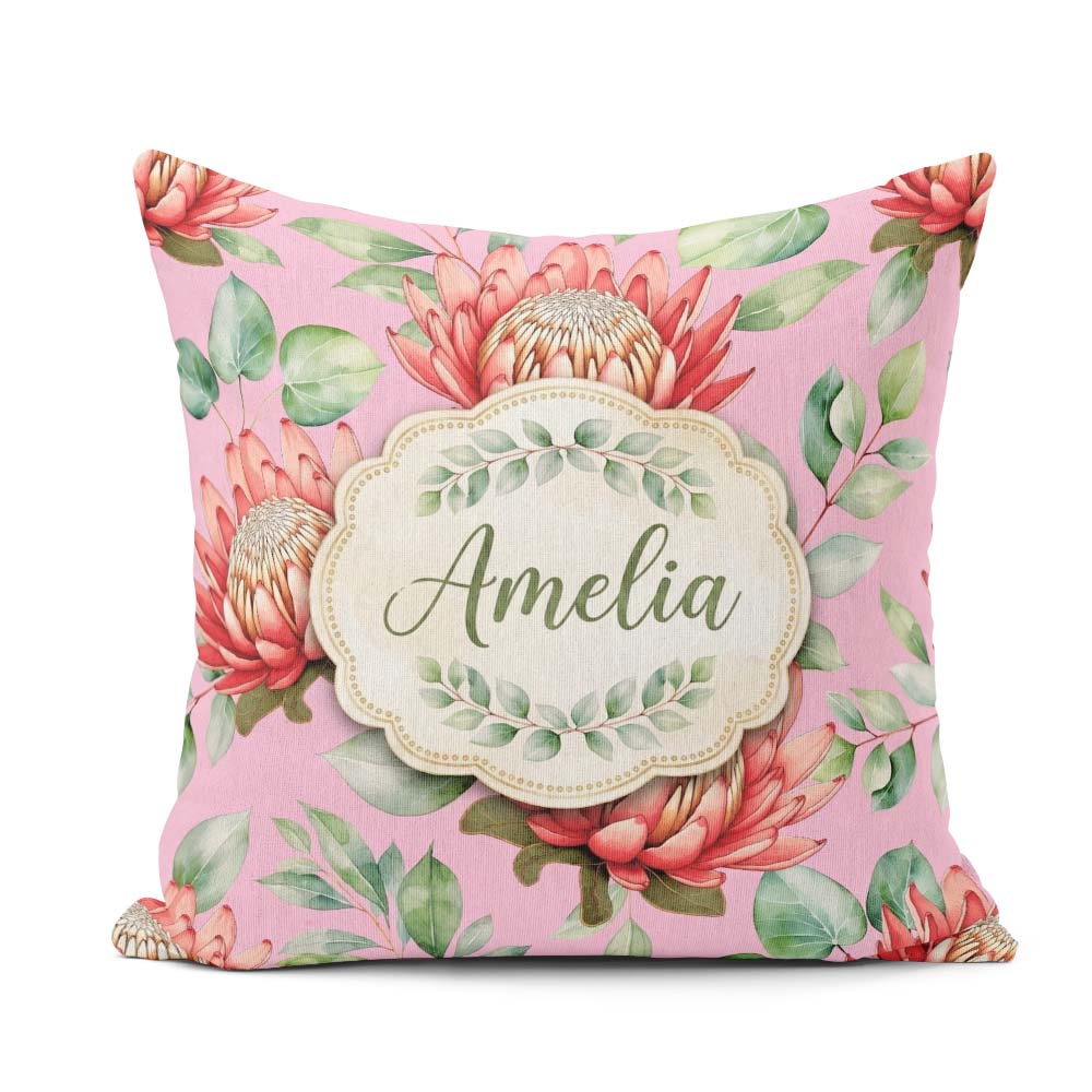 Custom Name Tropical Protea Flowers Leaves Seamless Pattern Pink Square Filled Cushion Throw Pillow Sofa Bed Home Decor Zip Washable UK Made