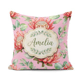 Custom Name Tropical Protea Flowers Leaves Seamless Pattern Pink Square Filled Cushion Throw Pillow Sofa Bed Home Decor Zip Washable UK Made