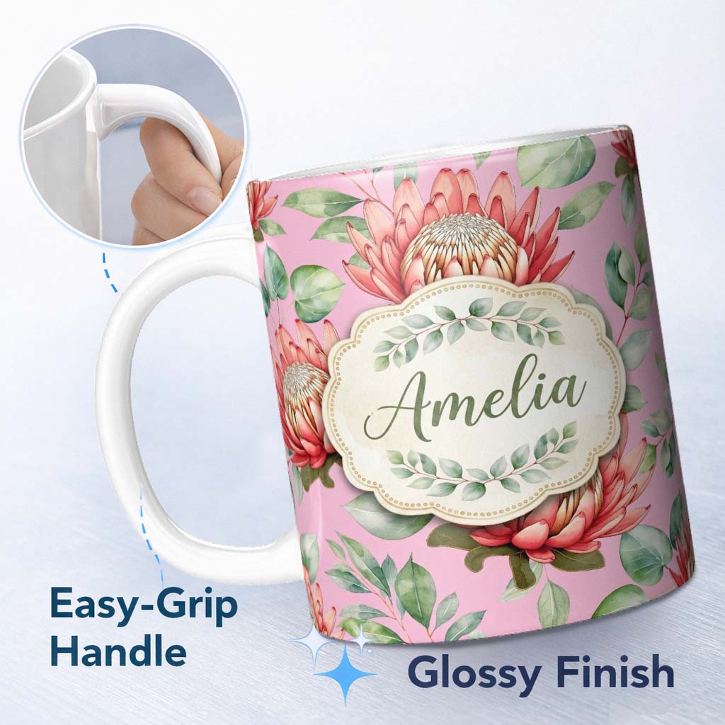 Personalized Custom Name Tropical Protea Flowers Green Leaves Seamless Pattern Pink 11oz Ceramic Coffee Tea Mug White Large Handle