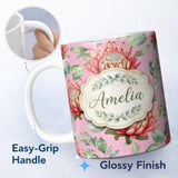 Personalized Custom Name Tropical Protea Flowers Green Leaves Seamless Pattern Pink 11oz Ceramic Coffee Tea Mug White Large Handle