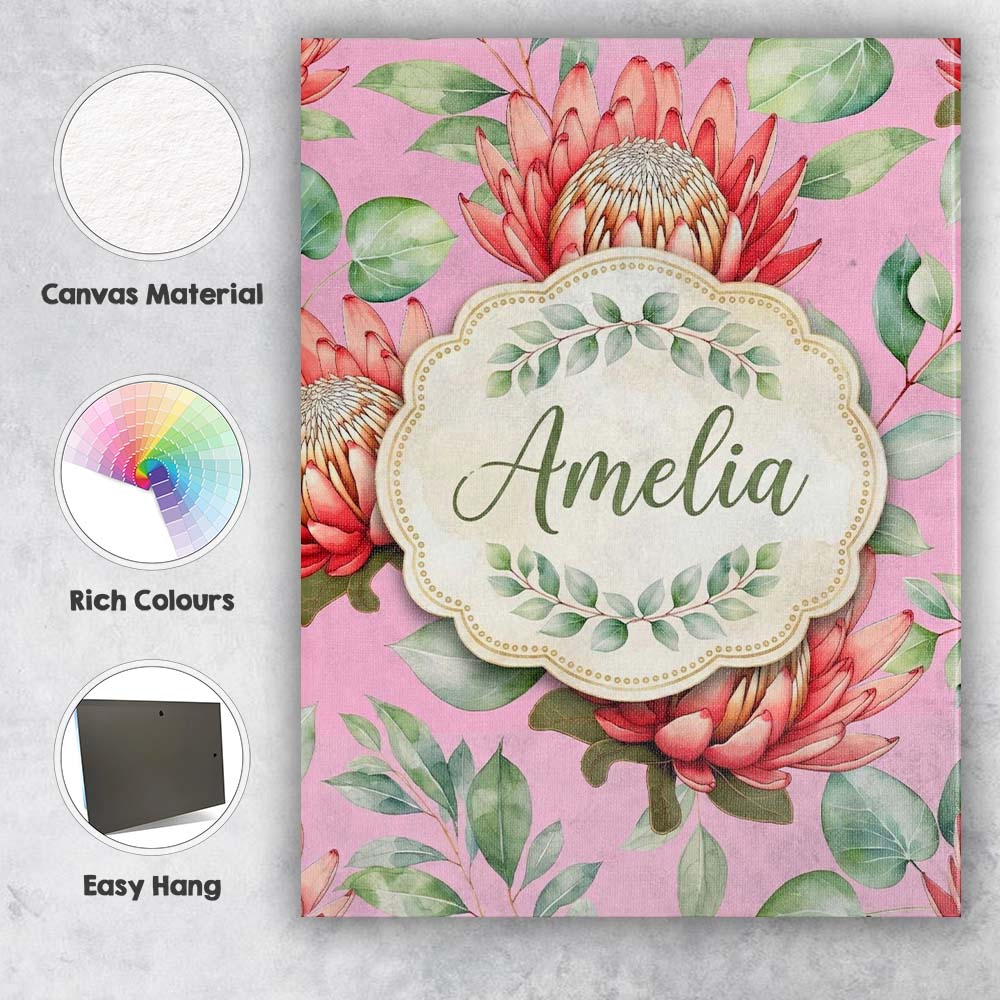 Personalised Name Tropical Protea Flowers Custom  Unique Gift Idea Elegant Feature Canvas Wall Art Print Decor Picture Ready to Hang