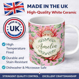Personalized Custom Name Tropical Protea Flowers Green Leaves Seamless Pattern Pink 11oz Ceramic Coffee Tea Mug White Large Handle