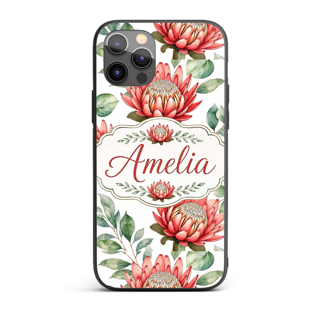 Tropical Protea Flowers Green Leaves Seamless Custom Name Protective Phone Case Mobile Cover Durable Everyday Smartphone Shock Resistant