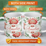 Personalized Custom Name Tropical Protea Flowers Green Leaves Seamless Pattern White 11oz Ceramic Coffee Tea Mug White Large Handle