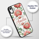 Tropical Protea Flowers Green Leaves Seamless Custom Name Protective Phone Case Mobile Cover Durable Everyday Smartphone Shock Resistant