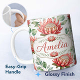Personalized Custom Name Tropical Protea Flowers Green Leaves Seamless Pattern White 11oz Ceramic Coffee Tea Mug White Large Handle