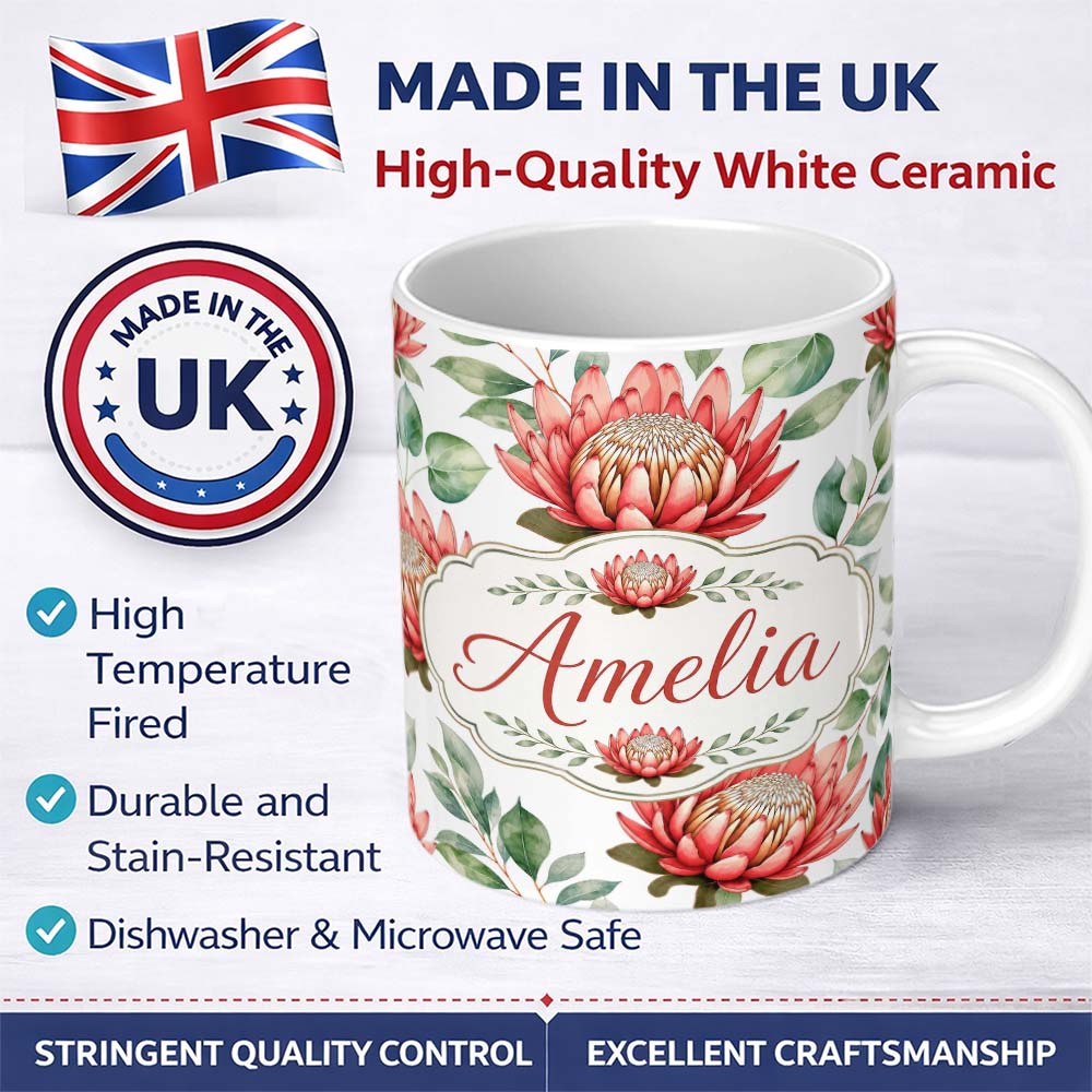 Personalized Custom Name Tropical Protea Flowers Green Leaves Seamless Pattern White 11oz Ceramic Coffee Tea Mug White Large Handle