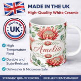 Personalized Custom Name Tropical Protea Flowers Green Leaves Seamless Pattern White 11oz Ceramic Coffee Tea Mug White Large Handle