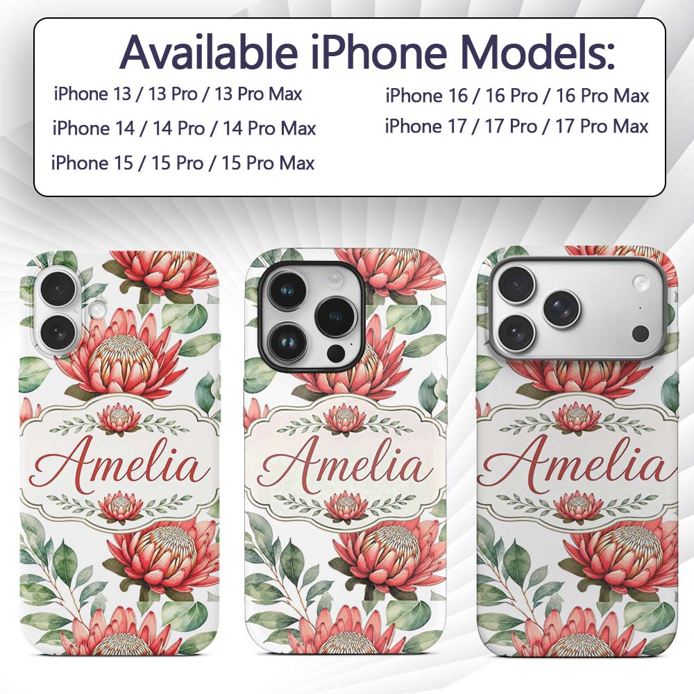 Tropical Protea Flowers Green Leaves Seamless Custom Name Protective Phone Case Mobile Cover Durable Everyday Smartphone Shock Resistant