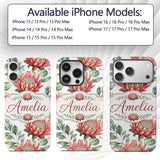 Tropical Protea Flowers Green Leaves Seamless Custom Name Protective Phone Case Mobile Cover Durable Everyday Smartphone Shock Resistant