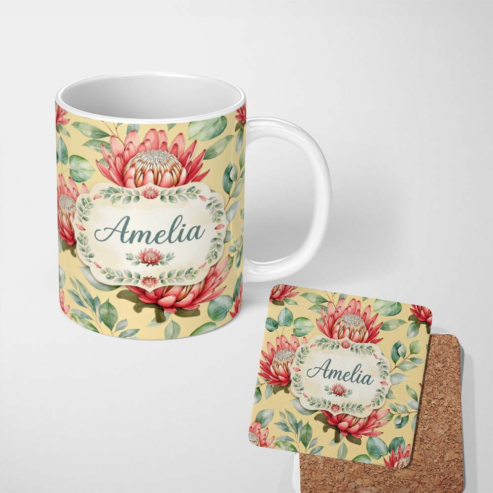 Personalized Custom Name Tropical Protea Flowers Green Leaves Seamless Pattern Yellow 11oz Ceramic Coffee Tea Mug White Large Handle