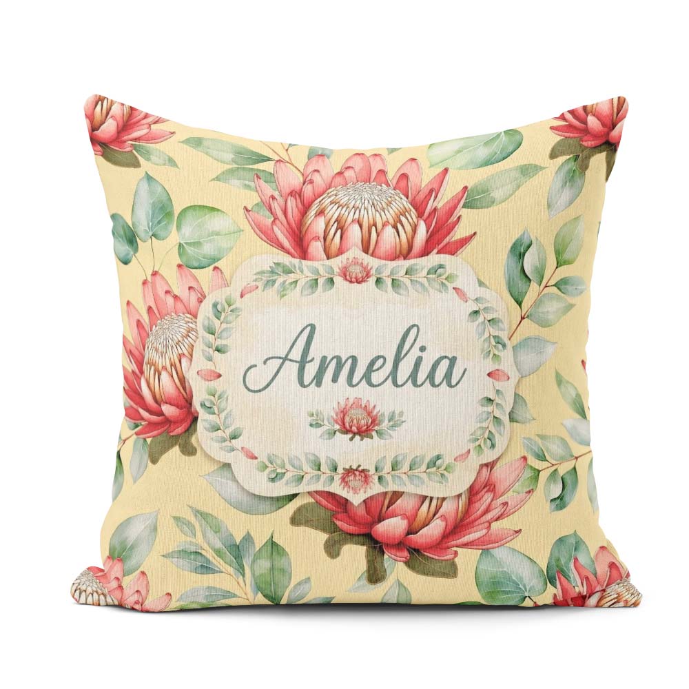 Custom Name Tropical Protea Flowers Green Leaves Seamless Yellow Square Filled Cushion Throw Pillow Sofa Bed Home Decor Zip Washable UK Made