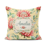 Custom Name Tropical Protea Flowers Green Leaves Seamless Yellow Square Filled Cushion Throw Pillow Sofa Bed Home Decor Zip Washable UK Made