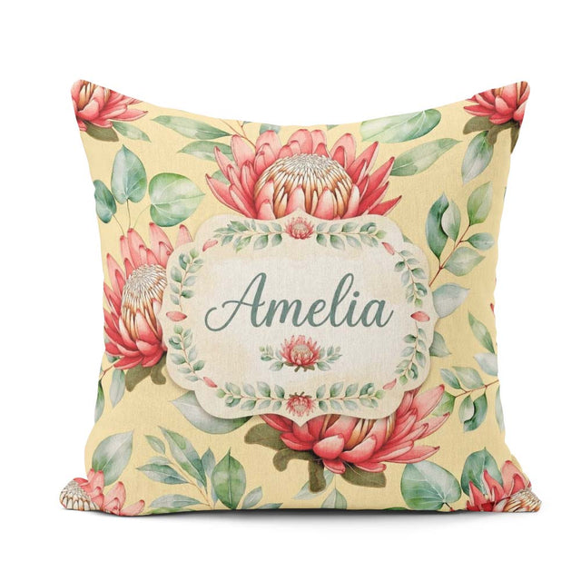 Custom Name Tropical Protea Flowers Green Leaves Seamless Yellow Square Filled Cushion Throw Pillow Sofa Bed Home Decor Zip Washable UK Made