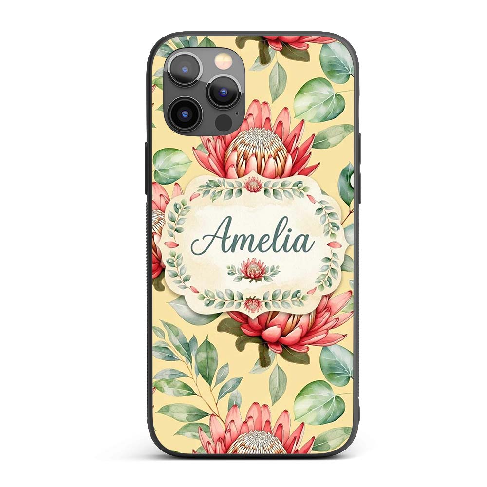 Tropical Protea Flowers Green Leaves Seamless Custom Name Protective Phone Case Mobile Cover Durable Everyday Smartphone Shock Resistant