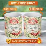 Personalized Custom Name Tropical Protea Flowers Green Leaves Seamless Pattern Yellow 11oz Ceramic Coffee Tea Mug White Large Handle