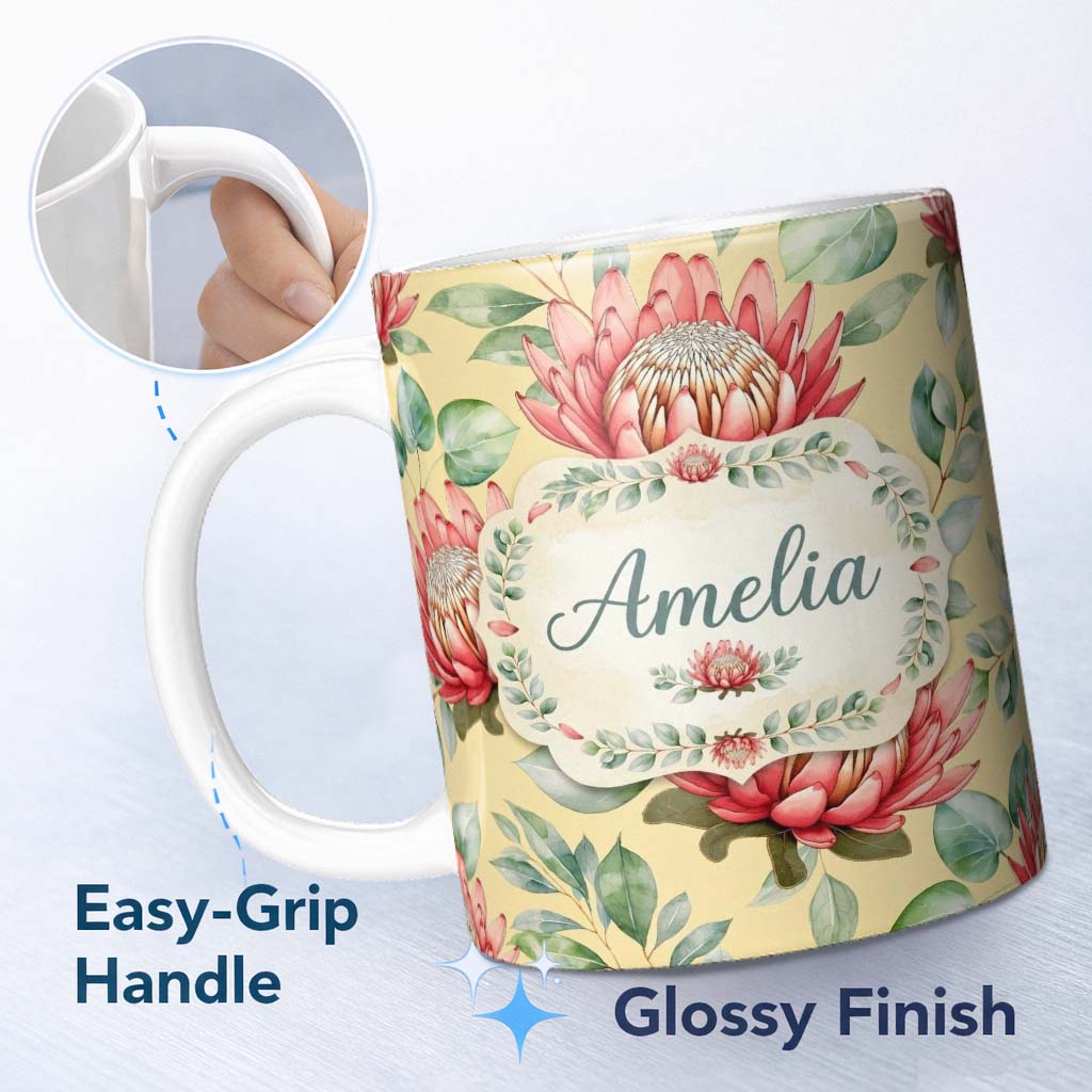 Personalized Custom Name Tropical Protea Flowers Green Leaves Seamless Pattern Yellow 11oz Ceramic Coffee Tea Mug White Large Handle