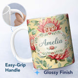 Personalized Custom Name Tropical Protea Flowers Green Leaves Seamless Pattern Yellow 11oz Ceramic Coffee Tea Mug White Large Handle
