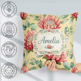 Custom Name Tropical Protea Flowers Green Leaves Seamless Yellow Square Filled Cushion Throw Pillow Sofa Bed Home Decor Zip Washable UK Made