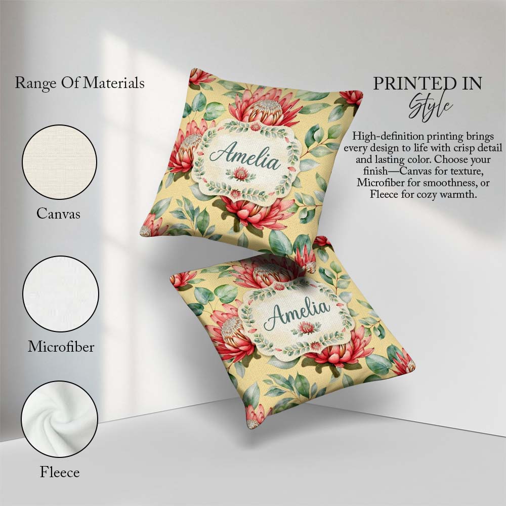 Custom Name Tropical Protea Flowers Green Leaves Seamless Yellow Square Filled Cushion Throw Pillow Sofa Bed Home Decor Zip Washable UK Made