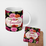 Personalized Custom Name Bold Colorful Rose Flowers Seamless Pattern Black Background Name 11oz Ceramic Coffee Tea Mug White Large Handle