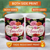 Personalized Custom Name Bold Colorful Rose Flowers Seamless Pattern Black Background Name 11oz Ceramic Coffee Tea Mug White Large Handle