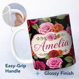Personalized Custom Name Bold Colorful Rose Flowers Seamless Pattern Black Background Name 11oz Ceramic Coffee Tea Mug White Large Handle